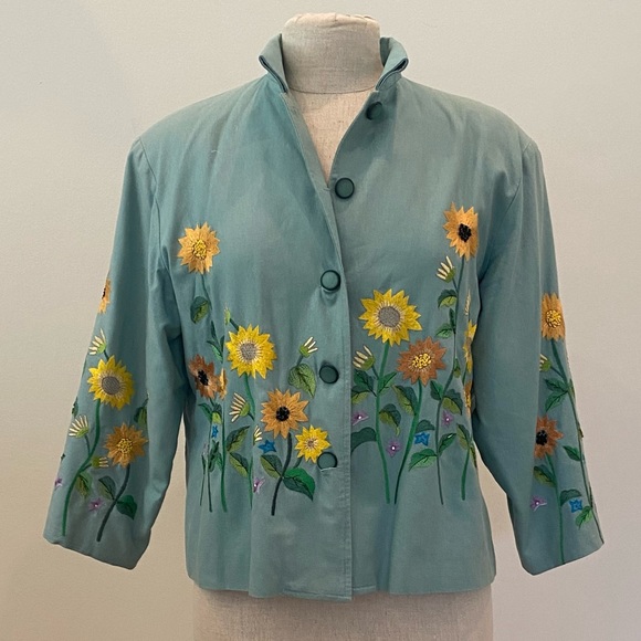 Bala Bala Womens Teal Blazer w Embroidered Colorful Flowers W Beads / Size M - Picture 2 of 16